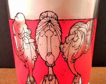 1970's Humorous Adult Low Ball Tumbler. C.M. Paula Co. Red & Black with Old Ladies. At Our Age Sex Isn't Important It's Critical. Gag Gift.