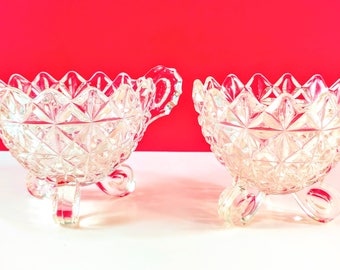 Vintage Footed Cream & Sugar Set. Diamond Pattern Clear Pressed Glass. Cottage Farmhouse Chic Kitchen. Bridal Shower Dishes. Wedding Gift.