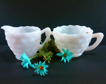 Vintage Hazel Atlas Milk Glass Cream and Sugar Set. Wedding and Bridal Shower Gift. Shabby Chic Decor. White Kitchen.