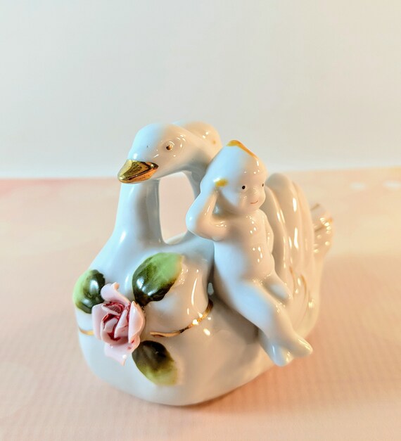 Vtg. Porcelain Swan & Baby Trinket Dishes with Sc… - image 4