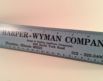 Vintage Blue Metal Advertising Ruler with Black Type. Harper Wyman Co. Range & Heating Appliance. Hinsdale, IL. Industrial Garage Decor.