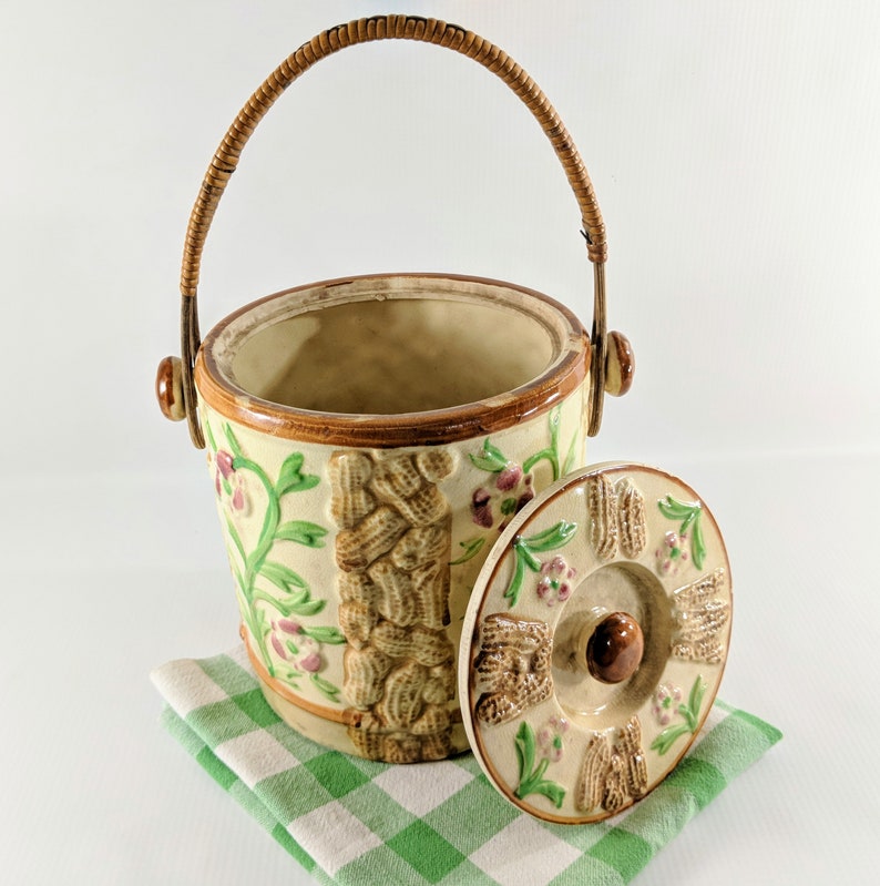 Vtg Peanut Jar With Rattan Handle. Japanese Ceramic Biscuit Etsy