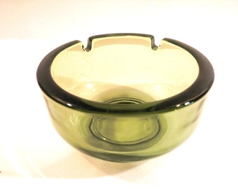 Virginia Glass Mid Century Modern Avocado Green Chunky Round Ashtray. Collectible Glass. Retro, Mod Bar Ware.