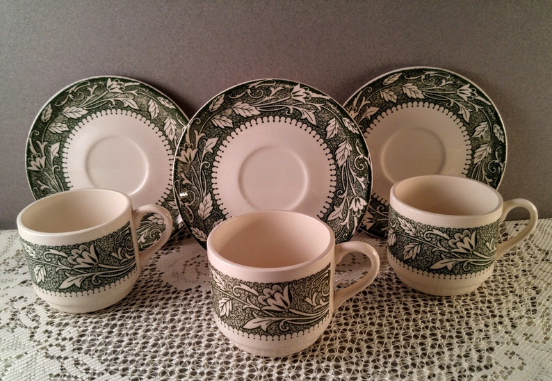 Green and White Flower and Leaf Avon Pattern Cups Shabby Chic Kitchen Decor. Vintage Scio Pottery Dishes Saucers and BreadDessert Plates