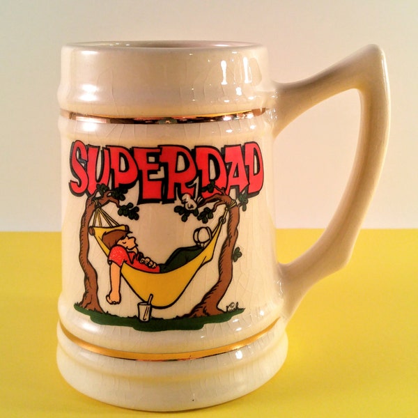 Vintage "Super Dad" Ceramic Beer Stein Mug with Man in Hammock. Retro Father's Day Gift for Him. Man Cave, Bar Decor. Lewis Bros. Ceramics.