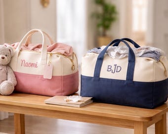 Kids Monogram Canvas Duffel Bag, Embroidered Name Travel Tote in Blue, Black or Gray