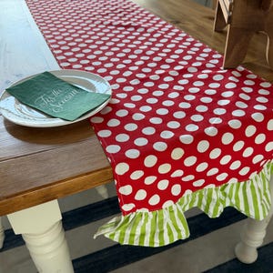 Red Polka Dot Table Runner with Green Ruffle Edge – Farmhouse Holiday Decor image 11