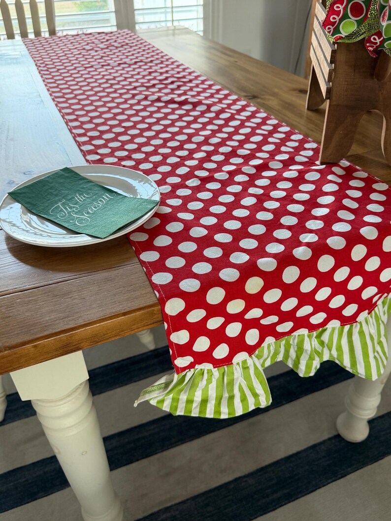 Red Polka Dot Table Runner with Green Ruffle Edge – Farmhouse Holiday Decor image 11