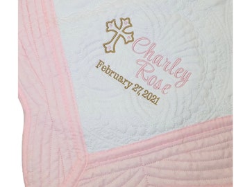 Baby Girl Baptism Blanket Personalized Christening Gifts Baby Girl  Pink or White Quilts