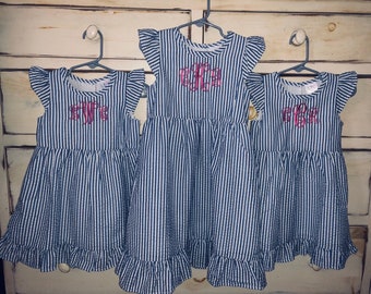 Blue Summer Dress,  Monogram Seersucker Dress, Matching Seersucker Outfits for Sisters