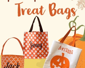 Trick or Treat Bag Personalized Kids Halloween Bucket  Custom  Halloween Tote Kids Orange Bags