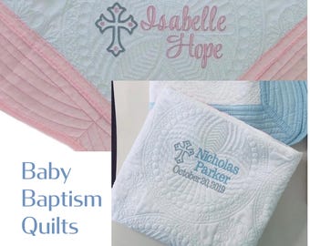 Custom Baby Name Blanket Baptism Gift Pink, Blue, or White Quilt Trim