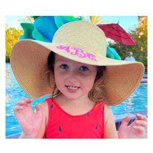 Personalized Girls Straw Sun Hat, Monogrammed Wide Brim Beach Hat Beach Wear Kids