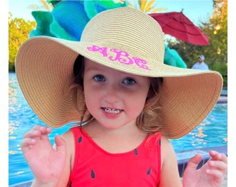 Personalized Girls Straw Sun Hat, Monogrammed Wide Brim Beach Hat Beach Wear Kids