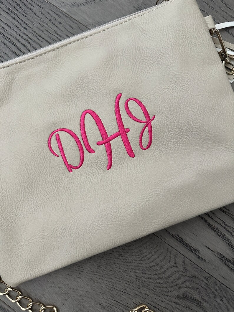 Personalized Cream Vegan Leather Crossbody Purse with Tassel Zipper Pull and Gold Chain Monogrammed Bridesmaid Gift Custom Embroidered image 6