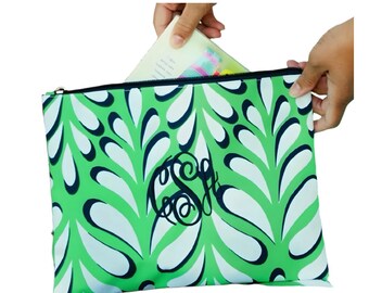 Preppy Blue Green Palm Large Makeup Bags with Custom Monogram Sorority Gifts