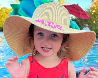 Preppy Monogram Girls Beach Hat Personalized Baby Sun Hat Toddler Girl Floppy Sunhats Wide Brim Embroidered Straw Hats for Baby and Kids