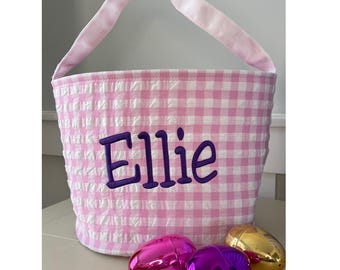 Pink Gingham Baby Basket Personalized Nursery Storage Bin Treasure Bags with Name
