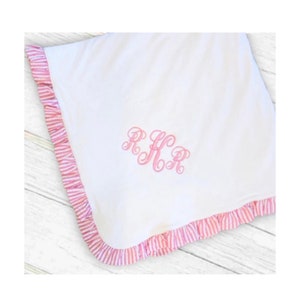 Monogrammed Ruffle White Baby Blanket, Personalized Ruffle Blanket- Pink Ruffle Blanket- Ruffle Baby Blanket- Baby Blankets, Personalized