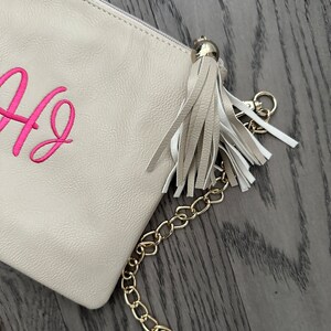 Personalized Cream Vegan Leather Crossbody Purse with Tassel Zipper Pull and Gold Chain Monogrammed Bridesmaid Gift Custom Embroidered image 2