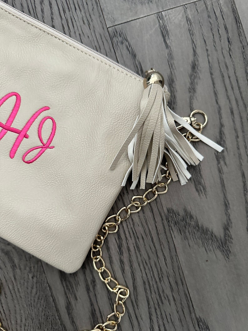 Personalized Cream Vegan Leather Crossbody Purse with Tassel Zipper Pull and Gold Chain Monogrammed Bridesmaid Gift Custom Embroidered image 2