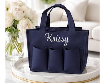 Bolsa organizadora para ducha, regalos de graduación, organizador con múltiples bolsillos, bordado de nombre personalizado, color negro o azul.