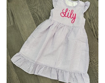 Monogrammed Seersucker Dress: Embroidered Name Lavender Seersucker
