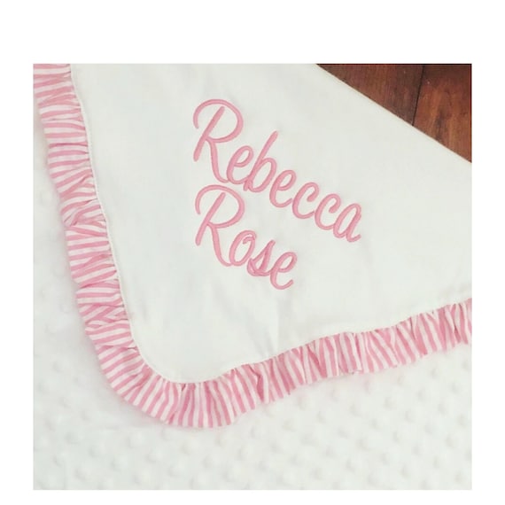 Personalized Pink Minky Baby Blanket with Ruffle, Custom Embroidered Name Blanket for Baby Girl, Monogram Newborn Gift