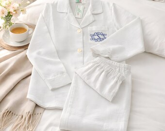 Seersucker Pajamas Set, Monogrammed White Sleepwear with Custom Embroidery