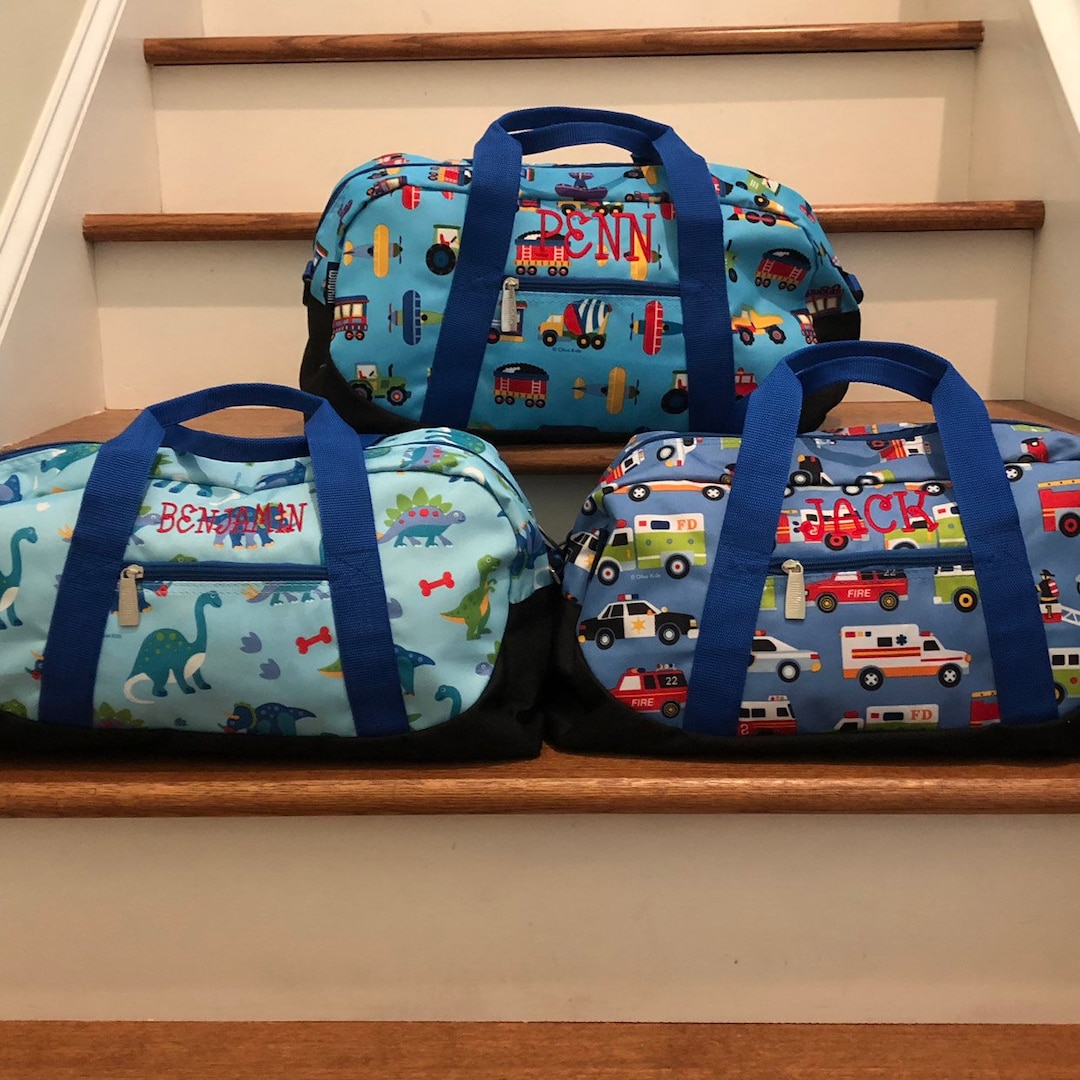Personalized Wildkin Overnight Duffle Bag With Fire Truck Design Custom Monogram Kids Travel Bag Blue Duffle Bag Personalized Gift Etsy