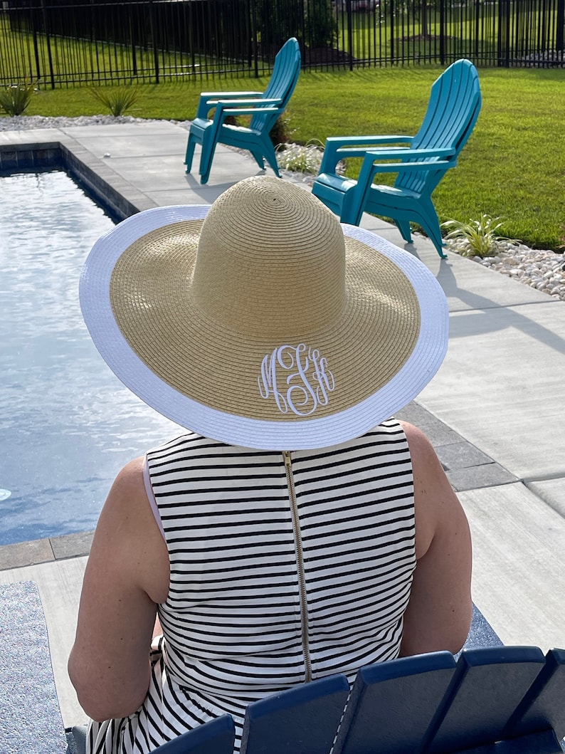 Custom Monogram Floppy Hat Personalized Sun Hat Women's Beach Hat Monogrammed Kentucky Derby Hat, Bachelorette Party Hats 5 " brim hat white
