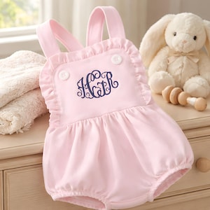 Pink Ruffle Romper Love That Cotton Monogrammed  Summer Ouffit Bubble Cotton Knit Crisscross Back