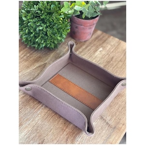 Canvas and Leather Office Desk Organizer 6” x 6” Men’s Tan or Gray   Catch All Tray, Custom Storage Valet Decorative Desk  Vanity