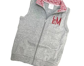 Boys Back to School Top Monogrammed Vest Personalized Kids Clothing with Red Gingham Collar