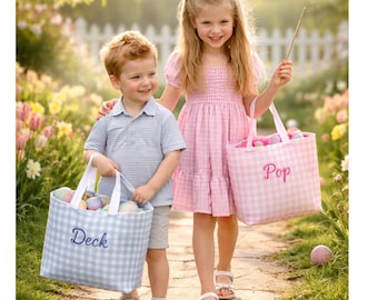 Personalized Easter Basket: Embroidered Gingham Seersucker Fabric