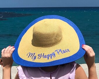 Blue Embroidered Big  Beach Hat for Women Floppy Straw Brim