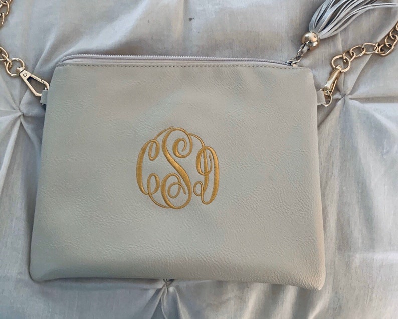 Personalized Cream Vegan Leather Crossbody Purse with Tassel Zipper Pull and Gold Chain Monogrammed Bridesmaid Gift Custom Embroidered image 5