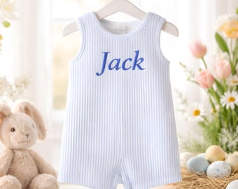 Monogrammed Seersucker Jon Jon Custom Baby Outfits SIZE 12 Month Personalized Baby Boy Romper
