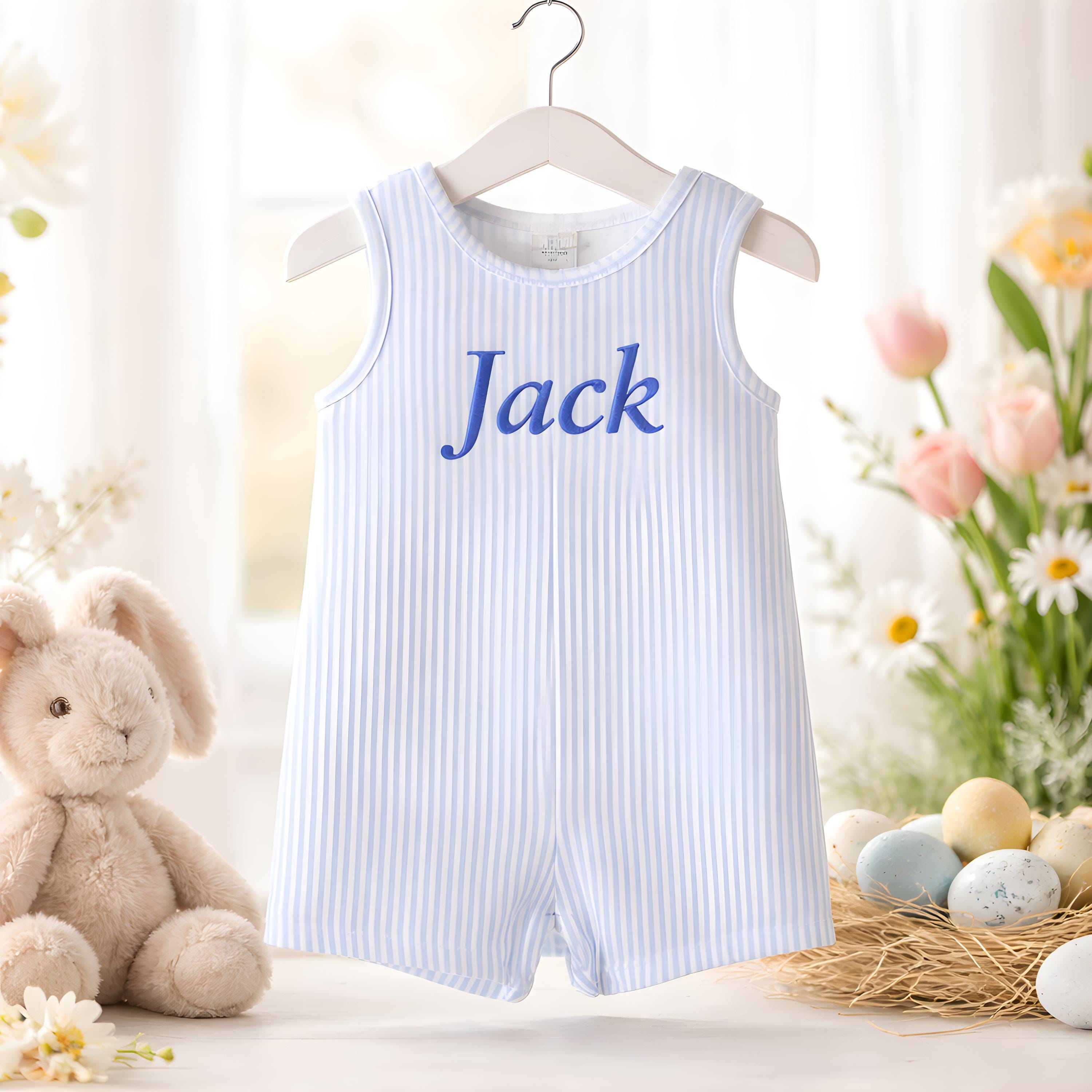 Monogrammed Seersucker Jon Jon Custom Baby Outfits SIZE 12 Month Personalized Baby Boy Romper