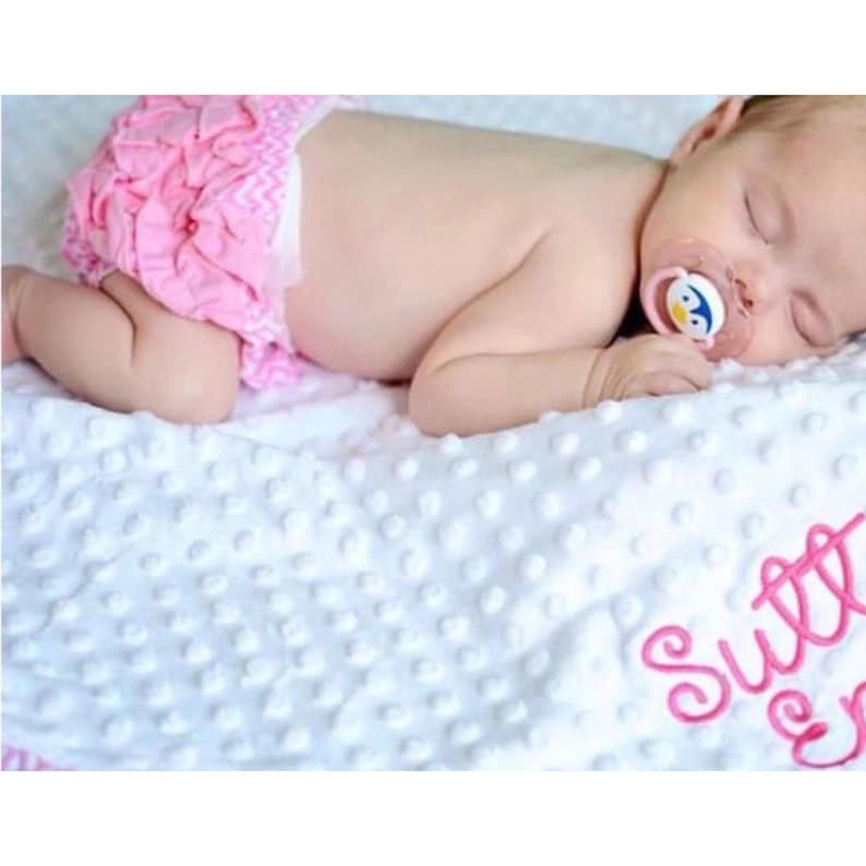 Personalized Minky Baby Blanket, Pink Ruffle Trim, Embroidered Name (30x30 inches) image 20