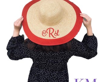 Red Monogrammed Sun Hat Women’s Personalized Wide Brim Beach Hat