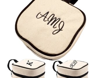 Personalized Linen Travel Jewelry Box, Embroidered Monogram Organizer Cube