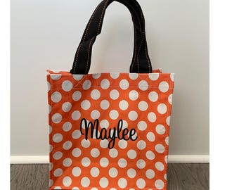 Halloween Tote Bag with Custom Embroidered Name, Bright Orange Polka Dots