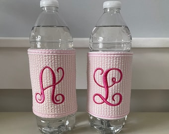 Water Bottle Label Personalized Can Wraps Embroidered with Monogram Bridal Shower Favors Pink Monogram Gifts