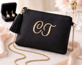 Crossbody Clutch/Wristlet/ Handbag/ Monogrammed /LARGER SIZE/ BLACK Bridal Bags