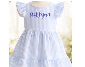 Monogrammed Light Blue Seersucker Dress Personalized Gift for Girl Size 6
