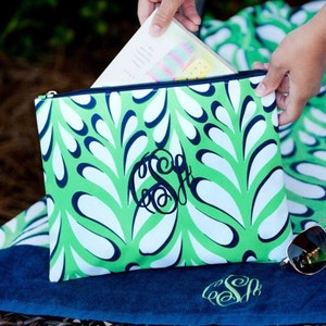 Monogram navy and green large vinyl make up pouch embroidered with monogram initial letters