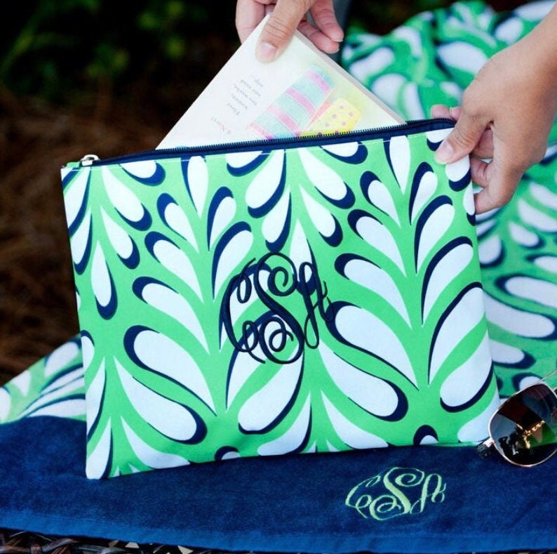 Monogram navy and green large vinyl make up pouch embroidered with monogram initial letters