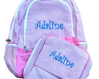 Personalized Pink Seersucker Backpack and Lunch Box Set with Monogram - Toddler Size for Back to School or Travel