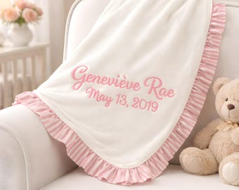 Custom Blanket Baby  Name and Date  Pink  Ruffle Trim
